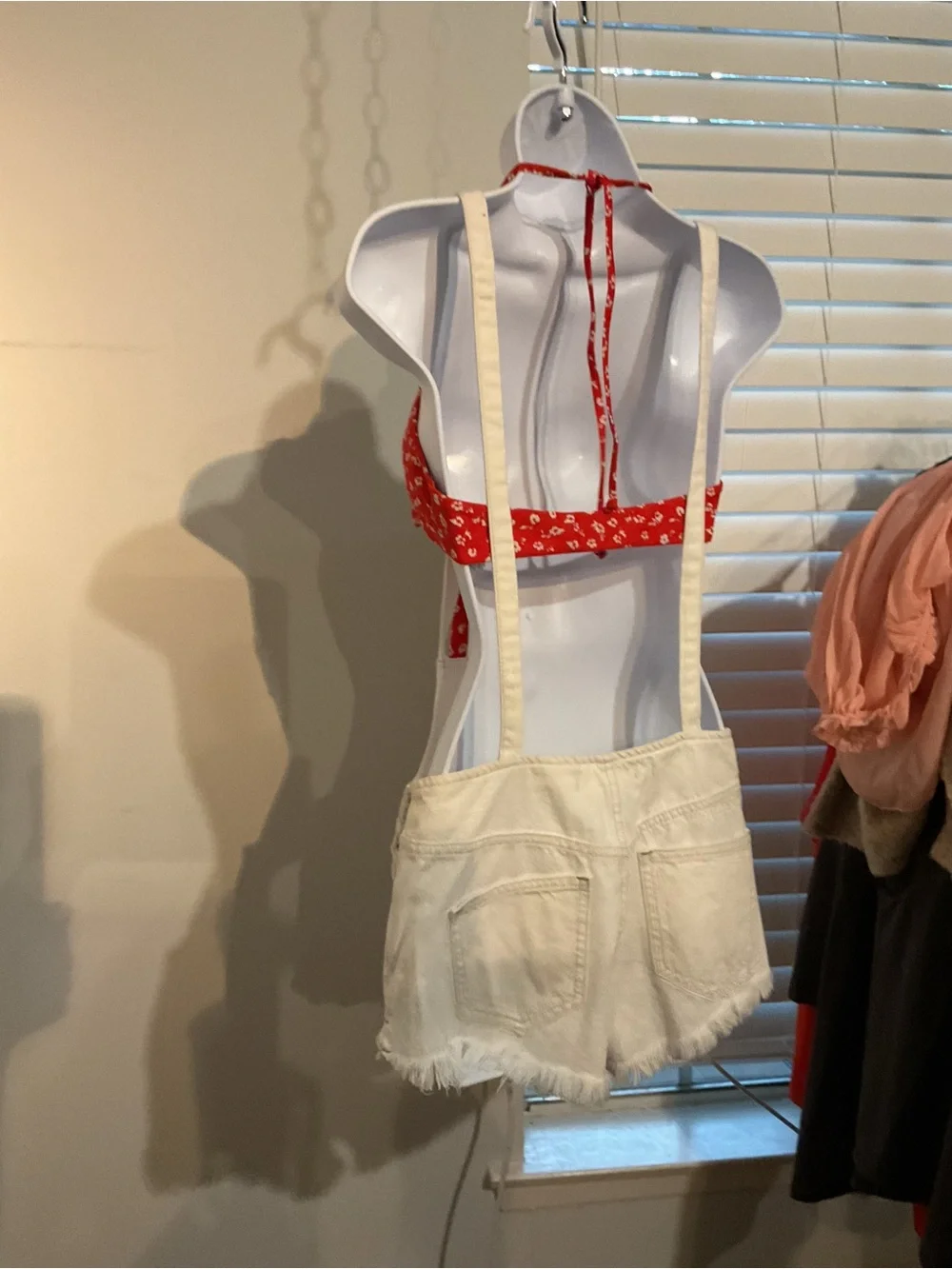 We the Free (Free People) White Cream Denim Suspender Shortalls Raw Hem- size 24